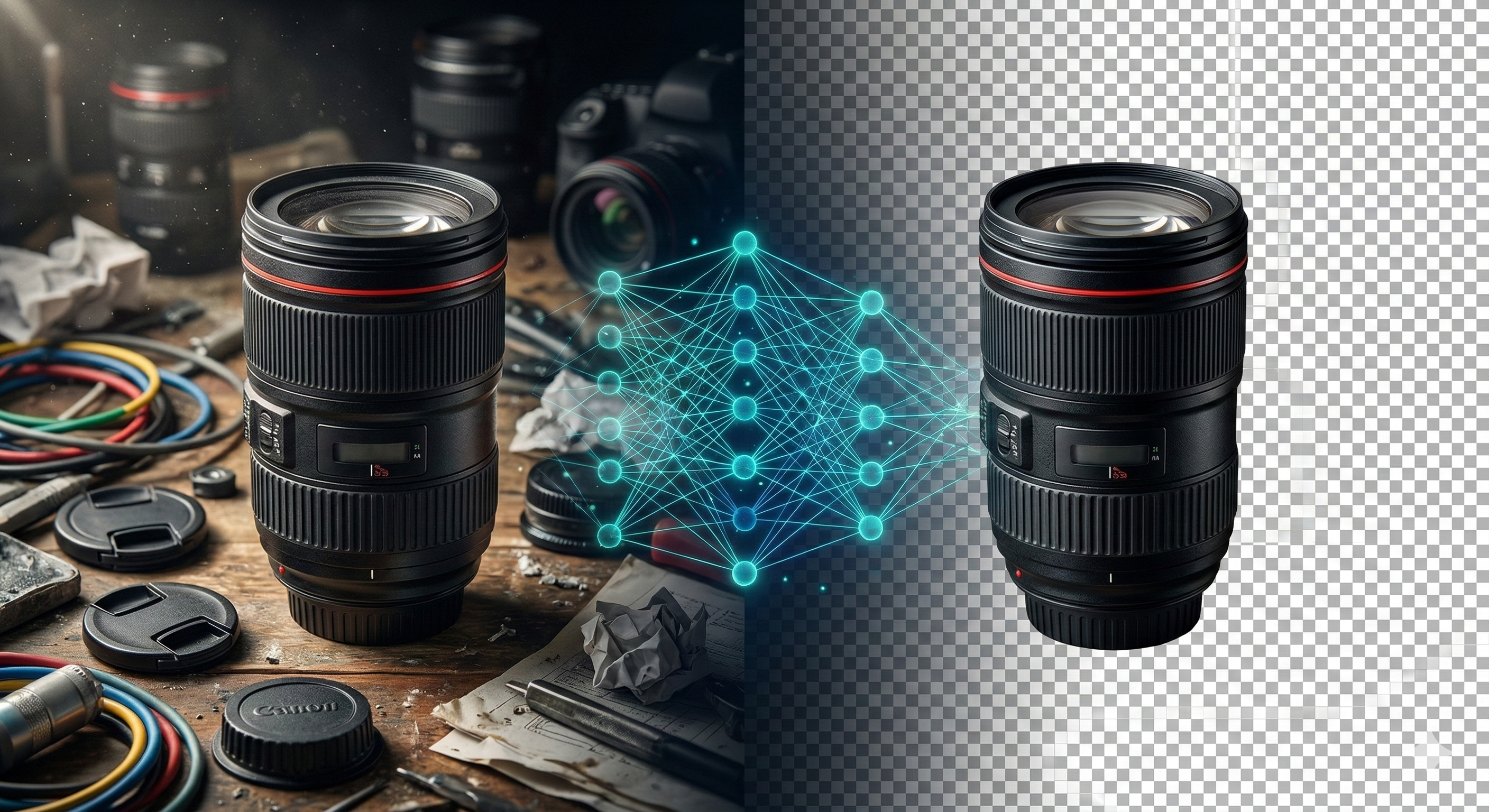 Free AI background remover: subject cut out on transparent checkerboard, client-side WebAssembly processing.