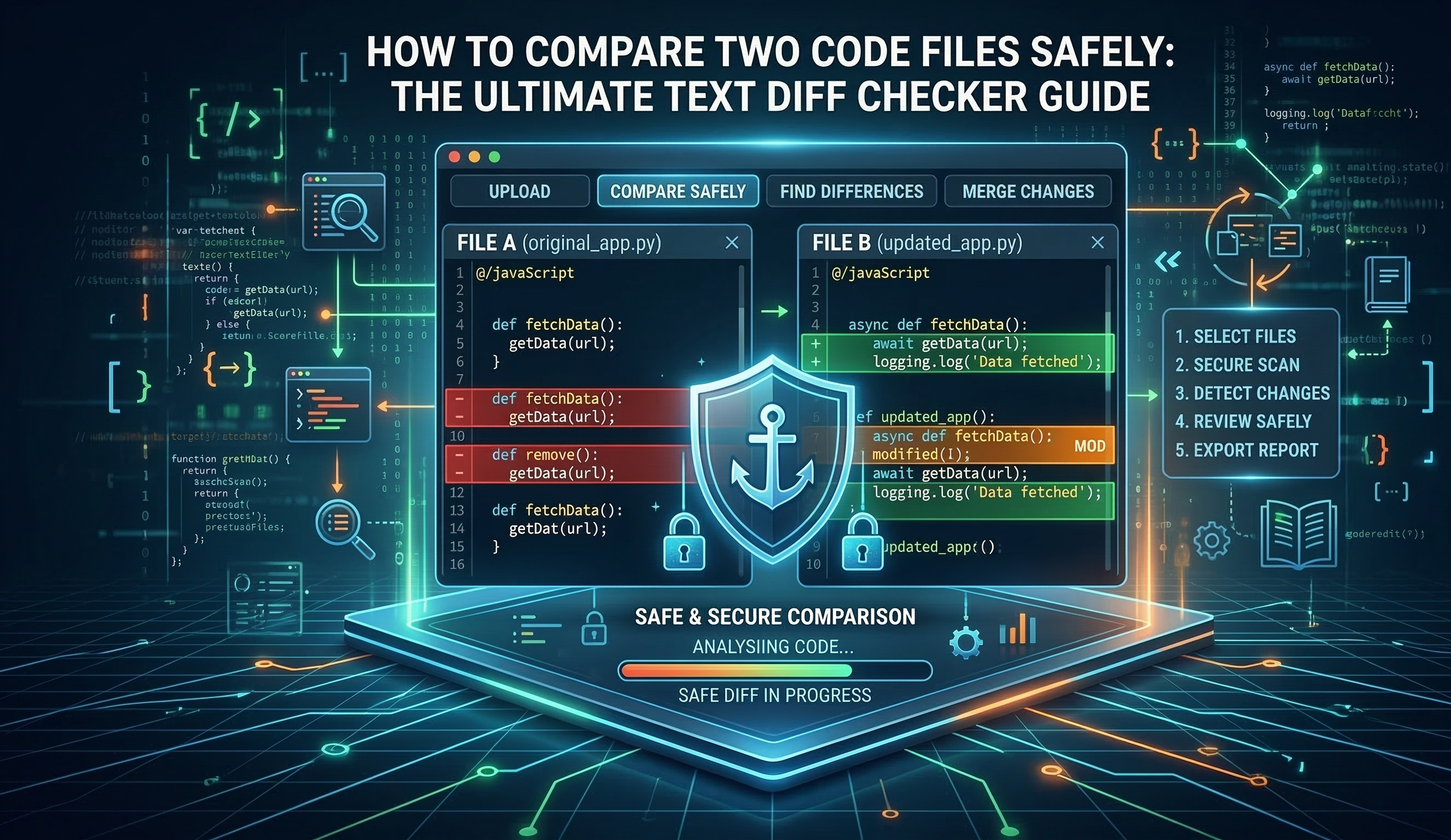 Compare two code files safely: client-side text diff checker, no server upload, 100% private.